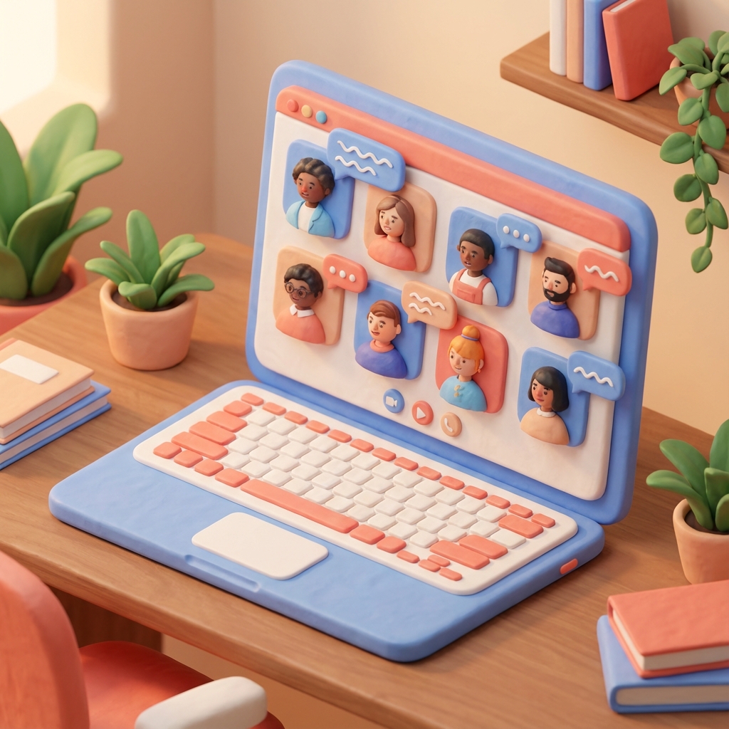 3D isometric illustration of a virtual classroom interface showing students communicating via speech bubbles