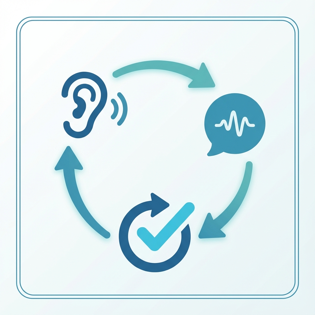 Infographic showing the cycle of pronunciation improvement: Listening to Input, Practicing Speech, and Receiving Feedback