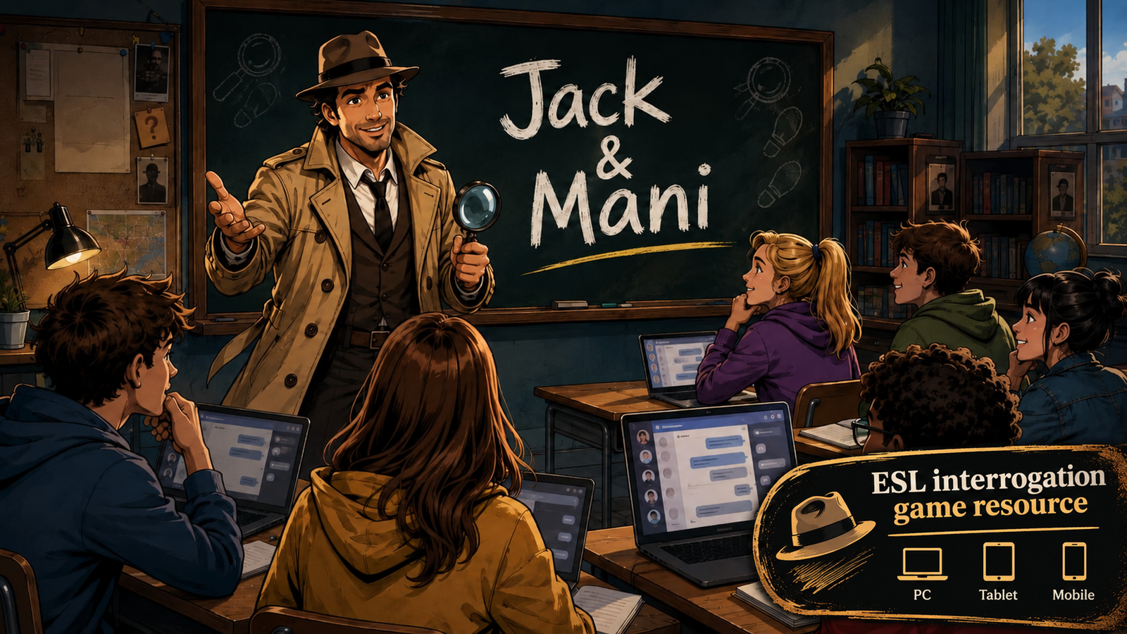 Jack & Mani — flyer showing the teacher plan, the seven languages, the live board, and the investigation interface