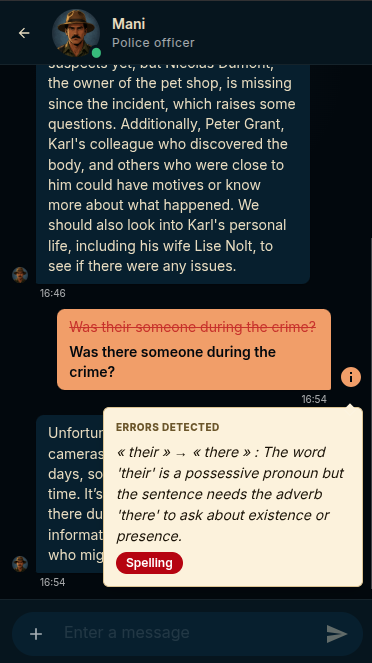 Student view: a suspect answers in writing while spelling, grammar, conjugation, and clarity corrections appear inline in the message bubble